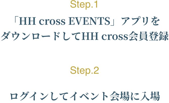 Step.1 「HH cross EVENTS」アプリをダウンロードしてHH cross会員登録 Step.2 ログインしてイベント会場に入場
